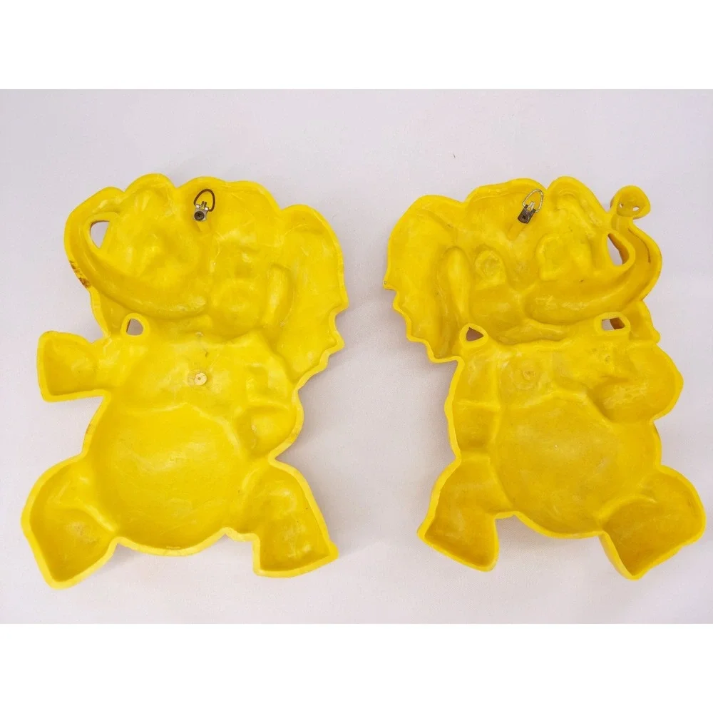 Homco Wall Plaques Yellow Vintage 1973 Elephant Nursery Decor Set of 2
